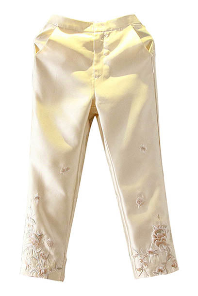 Embroidered Jacquard Cream Tapered Pants