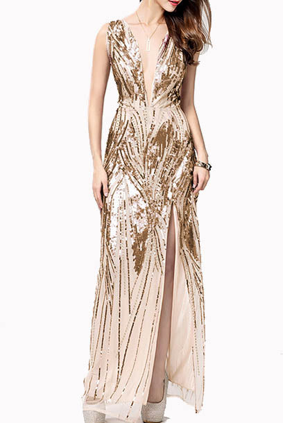 Gatsby Plunging V Neck Gold Sequin Nude Evening Gown