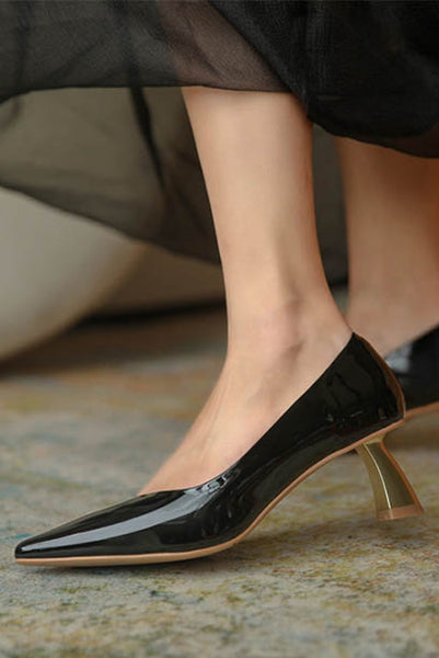 Glossy Leather Pumps with Gold Heels