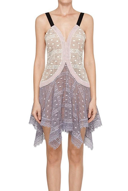 Straps Panel Lace Handkerchief Mini Dress