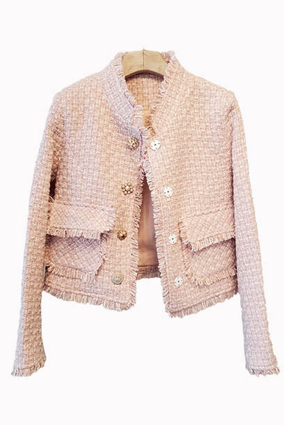 Long Sleeves Pink Tweed Jacket
