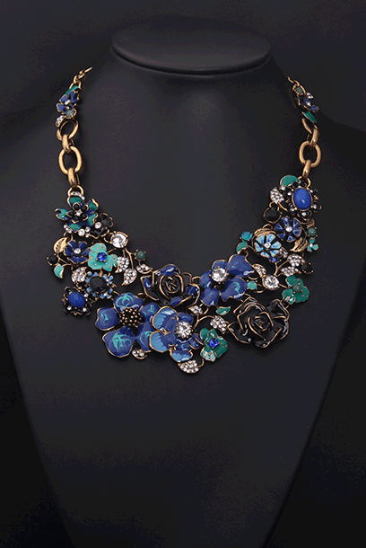 3D Blue Floral Chunky Statement Necklace