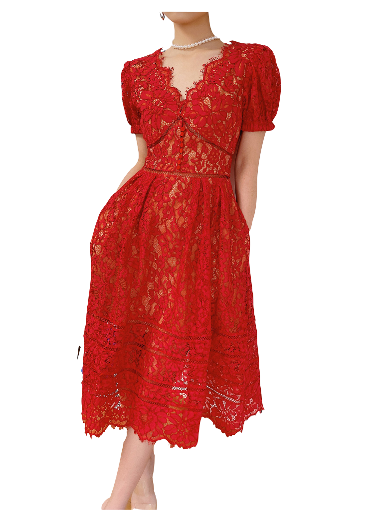 Puffed Sleeves Red Lace Tiered Midi Dress
