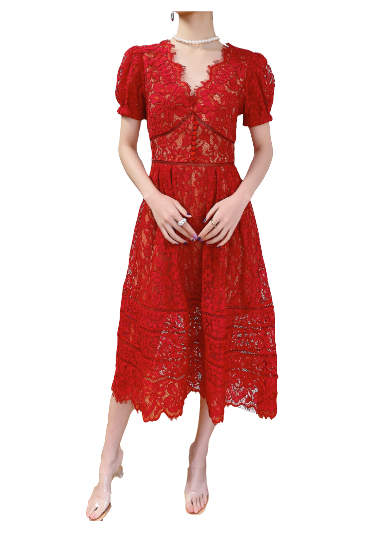 Puffed Sleeves Red Lace Tiered Midi Dress