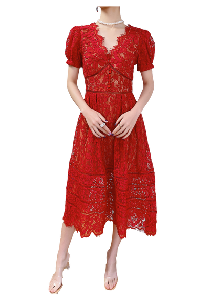 Puffed Sleeves Red Lace Tiered Midi Dress
