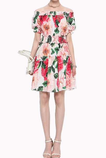 Off shoulder Camellia Smocked Waist Mini Dress