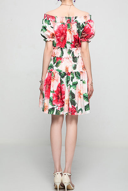 Off shoulder Camellia Smocked Waist Mini Dress