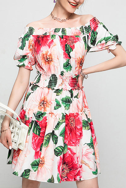 Off shoulder Camellia Smocked Waist Mini Dress