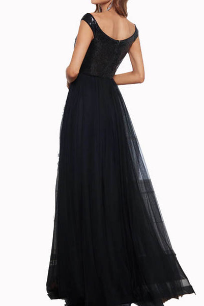 Off Shoulder Sequin Tulle Evening Gown