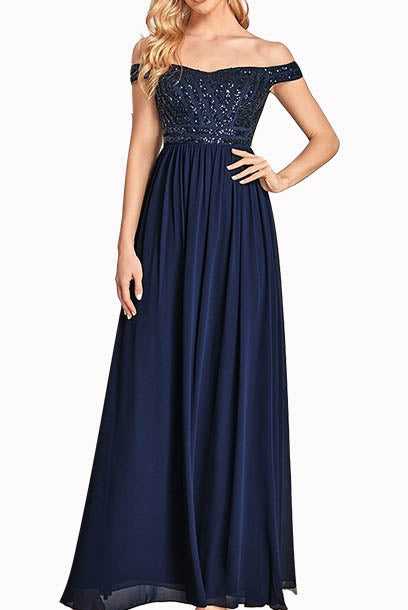 Off Shoulder Sequin Tulle Blue Evening Gown