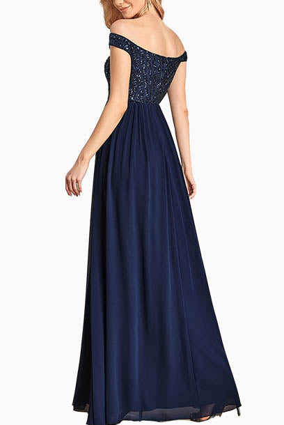Off Shoulder Sequin Tulle Blue Evening Gown