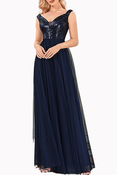 Off Shoulder Sequin Tulle Evening Gown