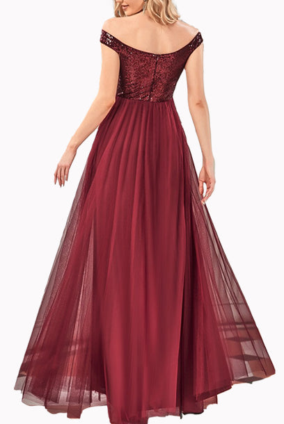 Off Shoulder Sequin Tulle Evening Gown