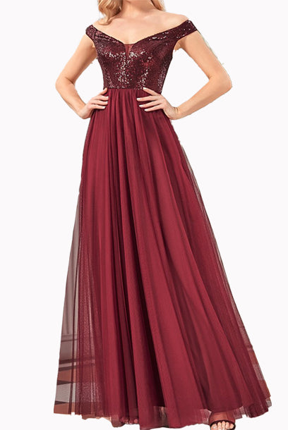 Off Shoulder Sequin Tulle Evening Gown