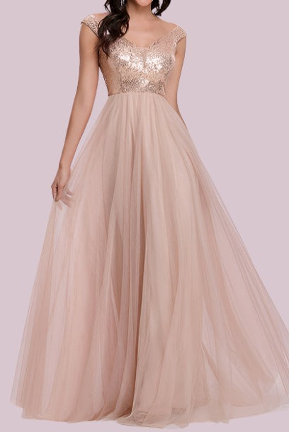 Off Shoulder Sequin Tulle Evening Gown