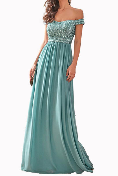 Off Shoulder Sequin Tulle Blue Evening Gown