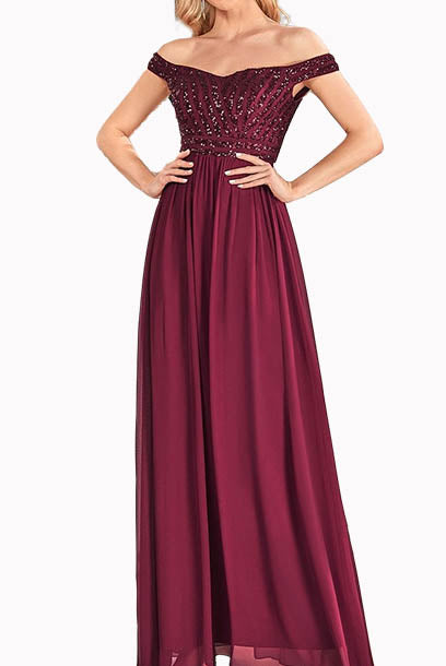 Off Shoulder Sequin Tulle Blue Evening Gown