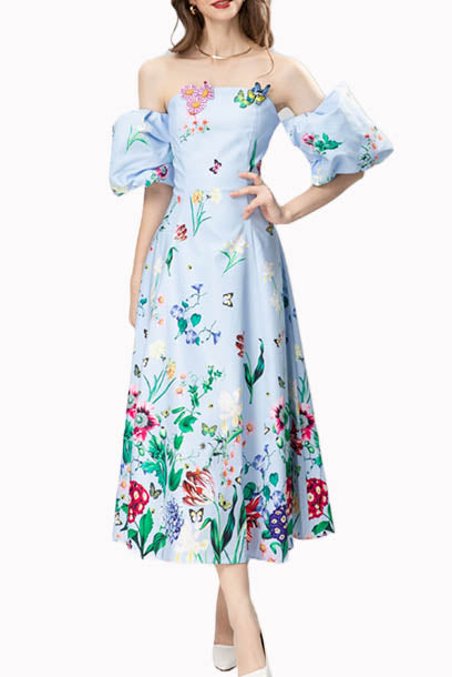 Strapless Floral Midi Dress with attached puffed sleeves