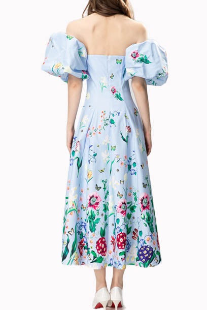 Strapless Floral Midi Dress with attached puffed sleeves
