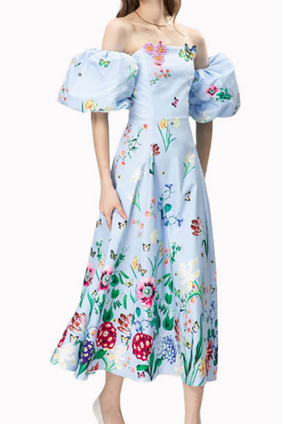 Strapless Floral Midi Dress with attached puffed sleeves