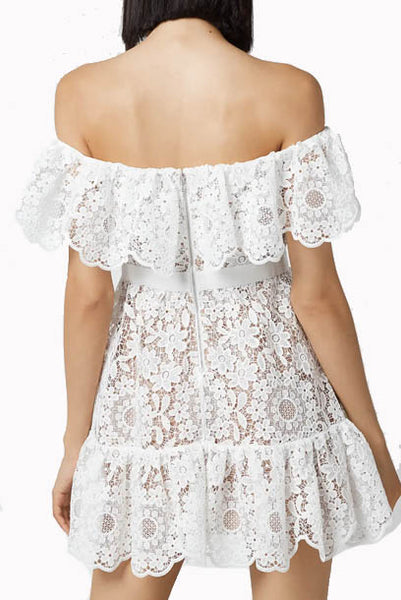 Off-the-shoulder White Lace Mini Dress