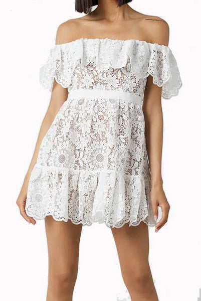 Off-the-shoulder White Lace Mini Dress