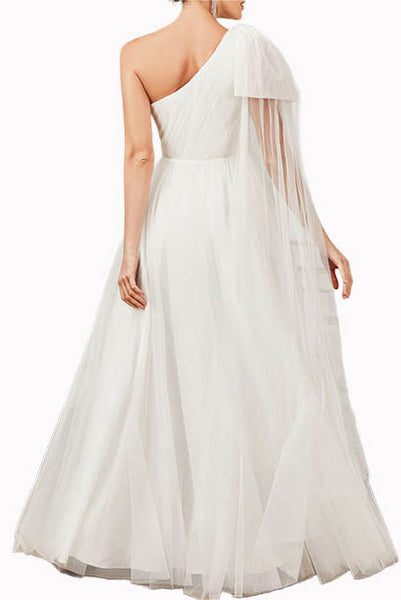 One Shoulder White Evening Gown