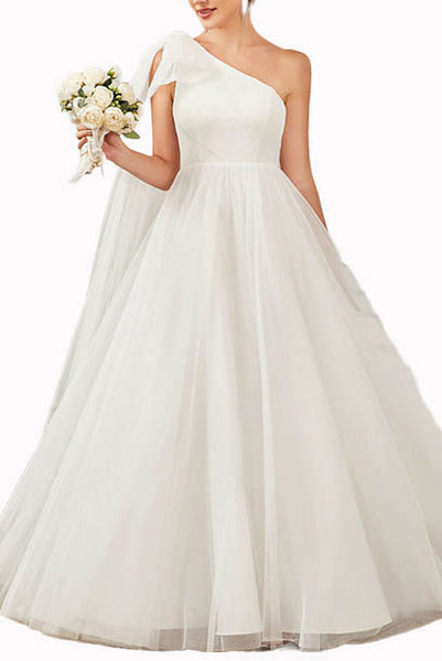 One Shoulder White Evening Gown