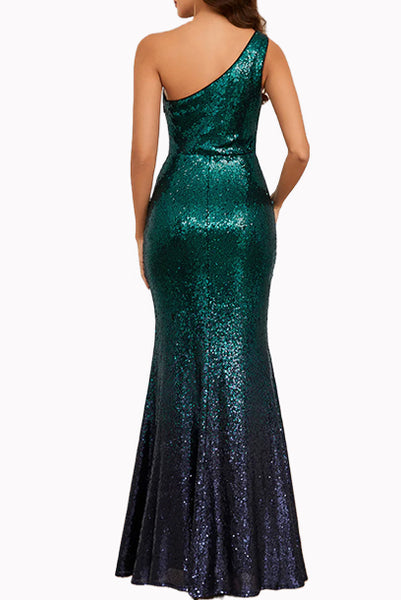 One shoulder Ombre Green Blue Evening Gown
