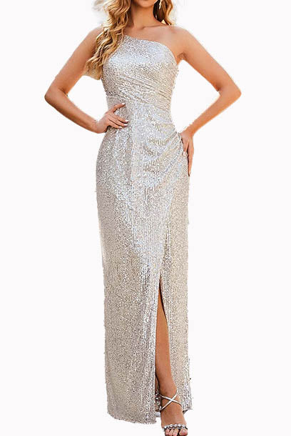 One Shoulder Sequin Evening Gown