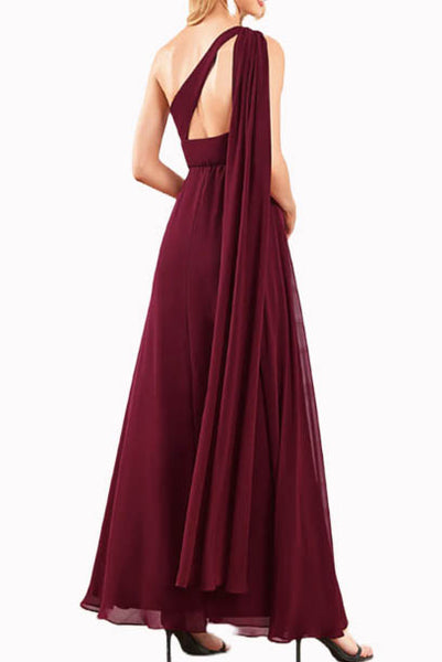 One Shoulder Burgundy Evening Gown