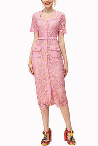 Pink Guipure Lace Midi Dress