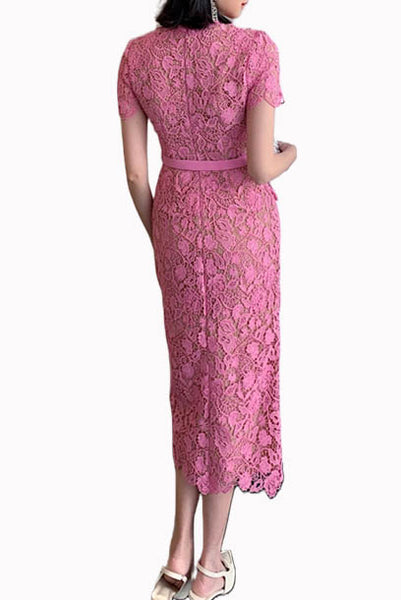 Pink Guipure Lace Midi Dress