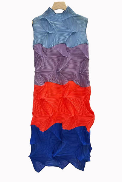 Pleats Please High Neck Colourblock Asymmetrical Dress
