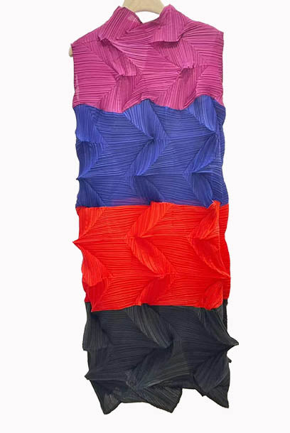 Pleats Please High Neck Colourblock Asymmetrical Dress