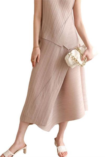 Pleats Pleats Sleeveless Asymmetrical Blouse + Skirt