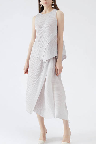 Pleats Pleats Sleeveless Asymmetrical Blouse + Skirt