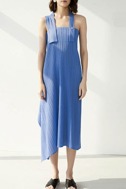 Pleats Pleats Straps Asymmetrical Midi Dress