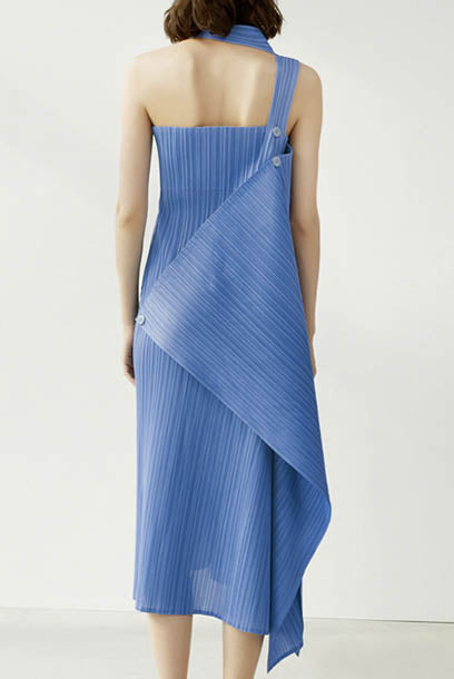 Pleats Pleats Straps Asymmetrical Midi Dress