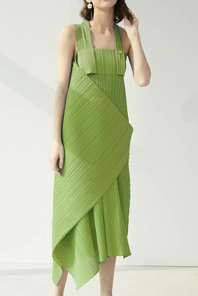 Pleats Pleats Straps Asymmetrical Midi Dress