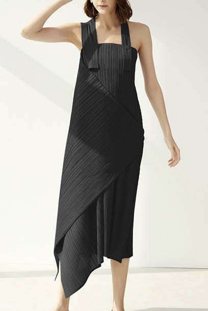 Pleats Pleats Straps Asymmetrical Midi Dress