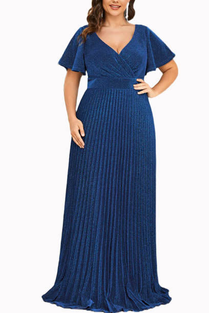 Plus Size Bell Sleeves Shimmer Blue Evening Gown