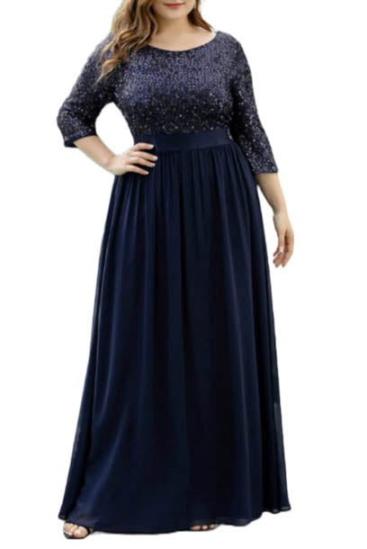 Plus Size Elbow Sleeves Sequin Tulle Evening Gown
