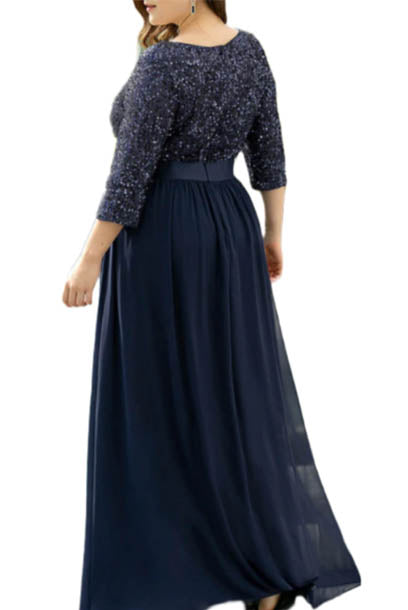 Plus Size Elbow Sleeves Sequin Tulle Evening Gown