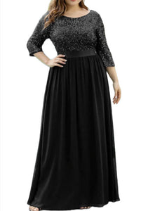 Plus Size Elbow Sleeves Sequin Tulle Evening Gown