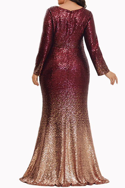 Long Sleeves Red Ombre Sequin Evening Gown