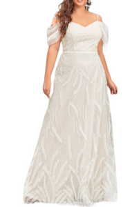 Plus Size Off-the-Shoulders White Lace Evening Gown
