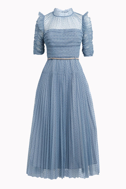 Polka-Dot Blue Mesh Midi Dress