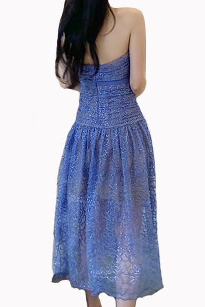 Strapless Sequined Blue Midi Dress