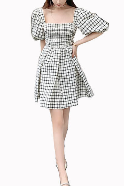Puff Sleeves Square Neck Ruch Bodice Check Mini Dress